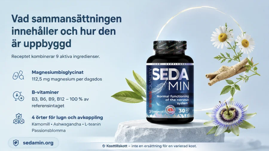 Sedamin — magnesium, örter och B-vitaminer B3, B6, B9 och B12