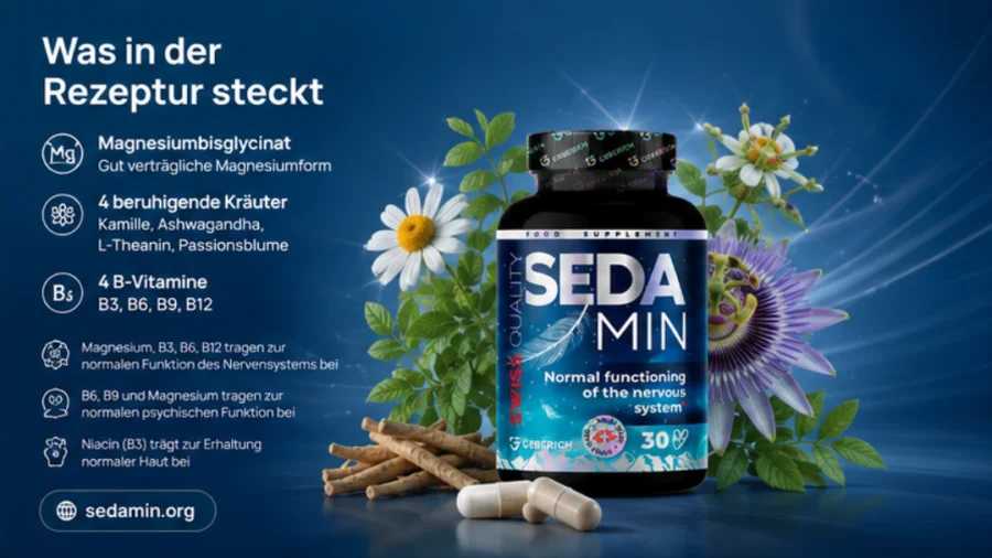 Sedamin — Magnesium, vier Kräuter und die B-Vitamine B3, B6, B9 und B12 in der Rezeptur