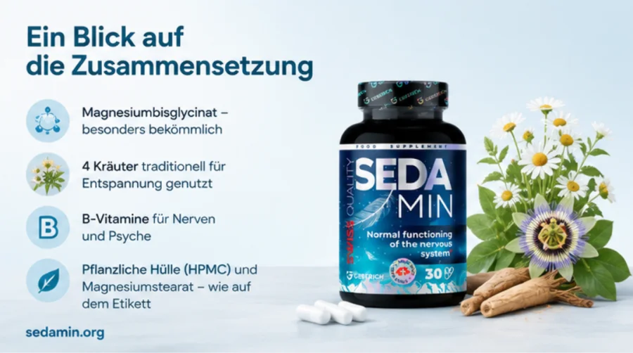 Sedamin — Magnesium, vier Kräuter und die B-Vitamine B3, B6, B9 und B12 in der Rezeptur